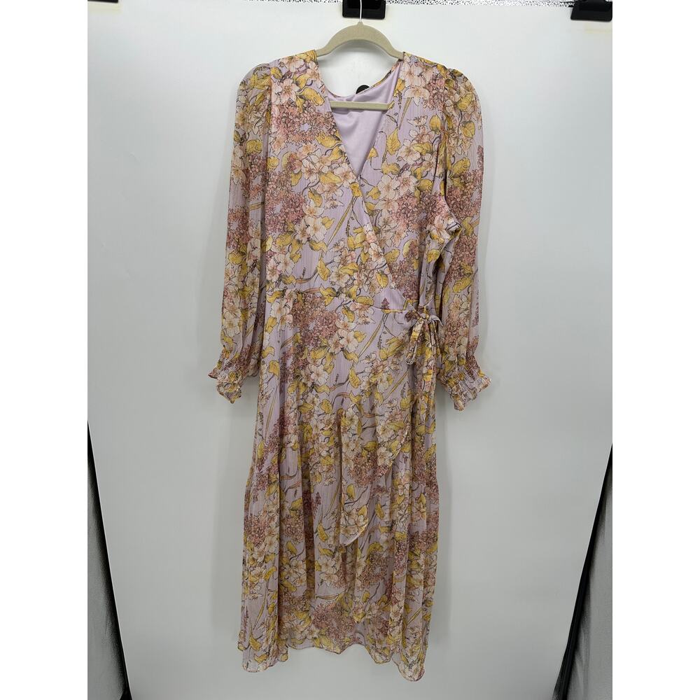 Sonoma Floral Wrap Style Midi Dress 2X Long Sleeve Lilac Yellow Boho Cottagecore